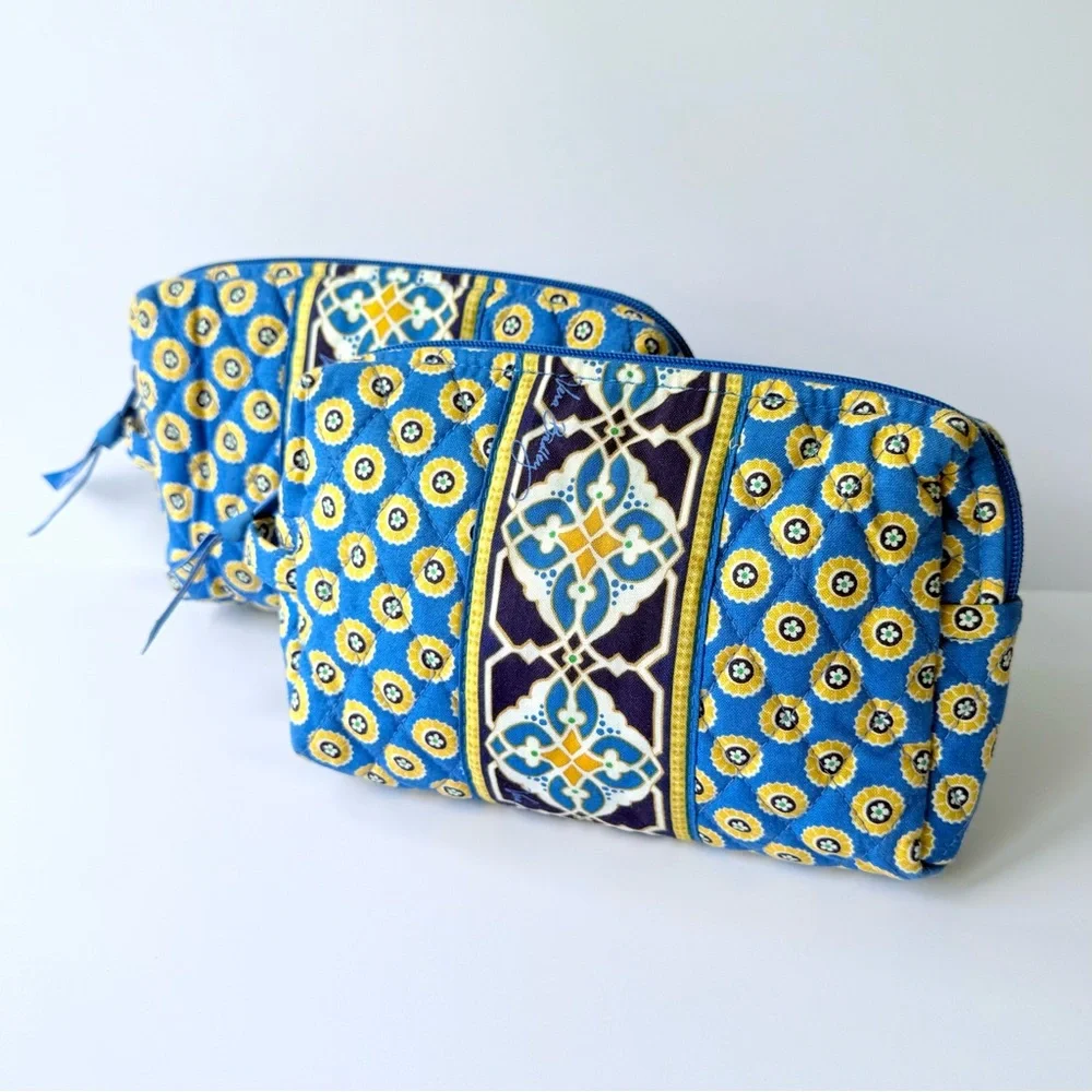 Vera Bradley Set of Two Retired Riviera Blue & Yellow Quilted Cosmetic Bags